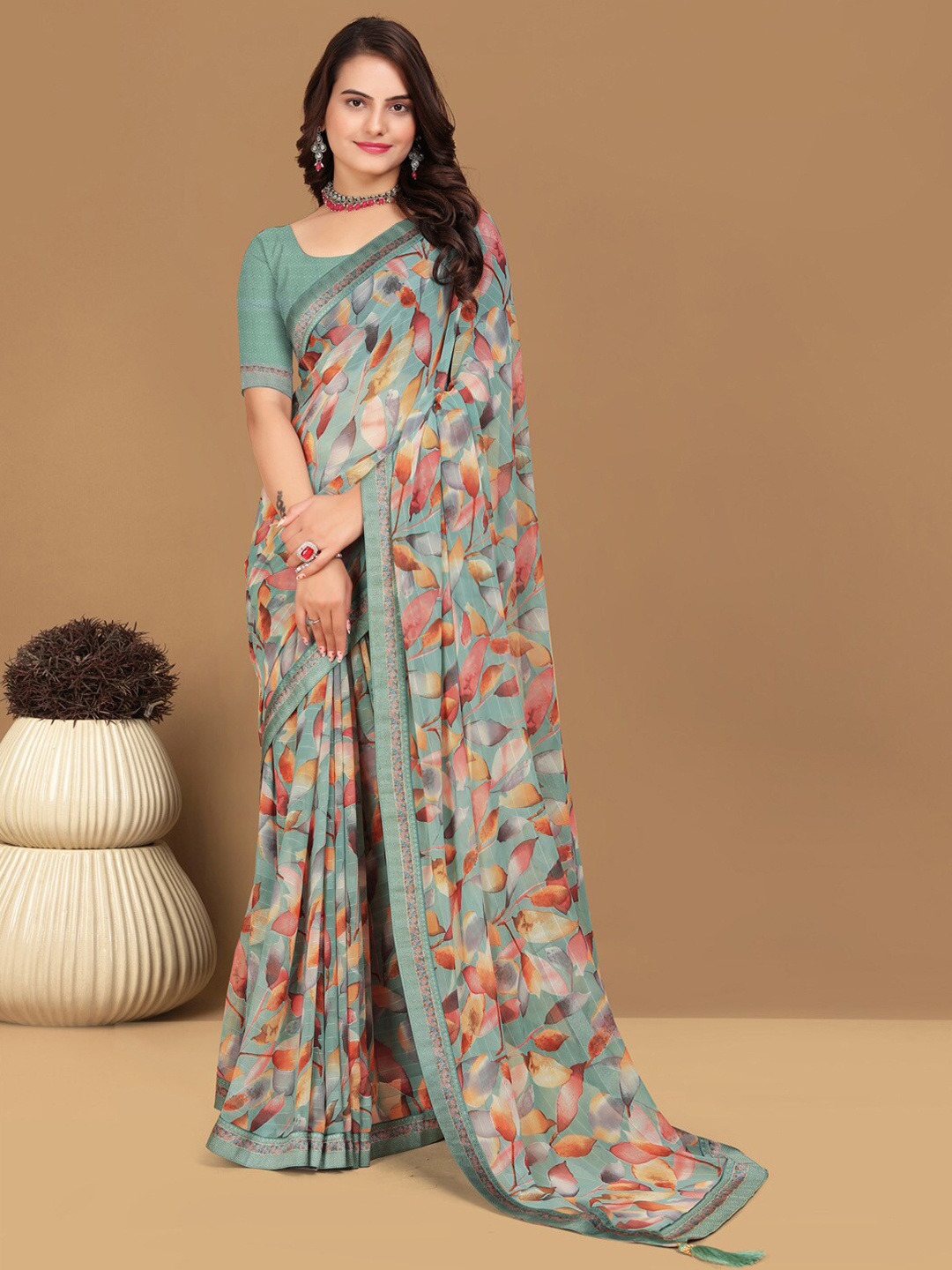 

Mitera Floral Pure Georgette Saree, Sea green