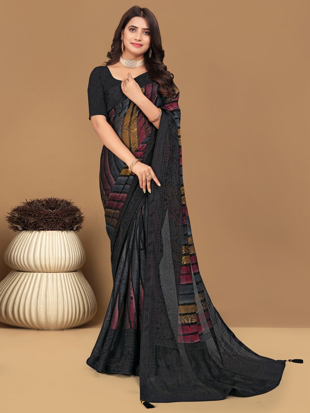 

Mitera Ethnic Motifs Brasso Saree, Black