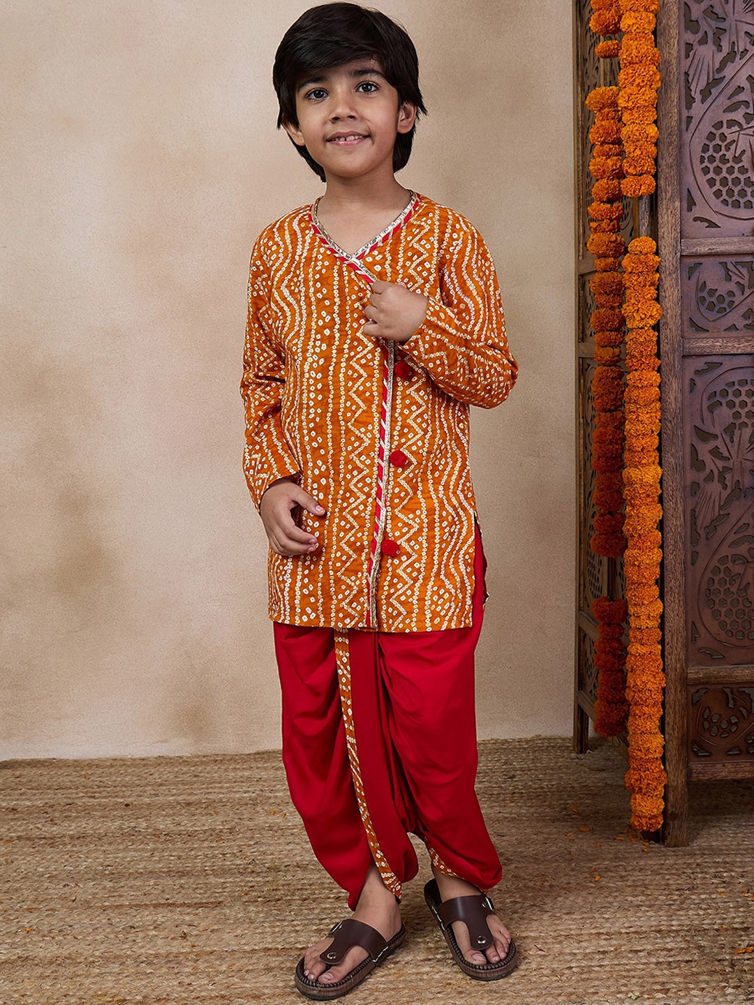 

pspeaches Boys Bandhani Printed Straight Kurta with Dhoti Pants, Mustard