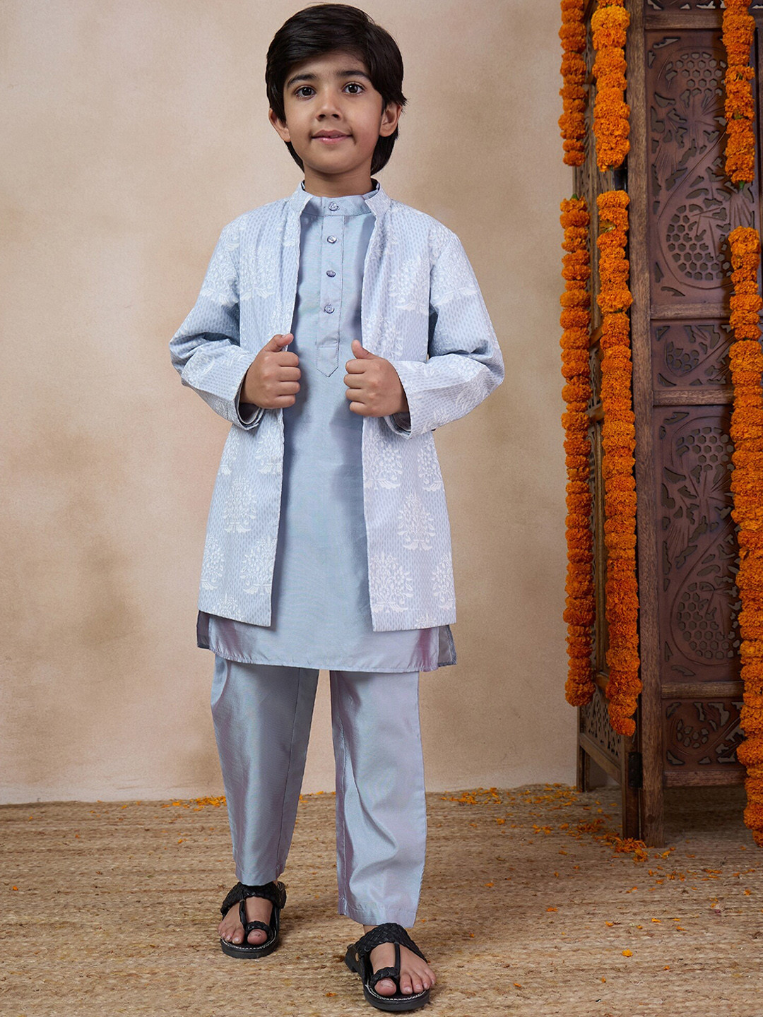 

pspeaches Boys Mandarin Collar Regular Straight Kurta with Pyjamas, Grey