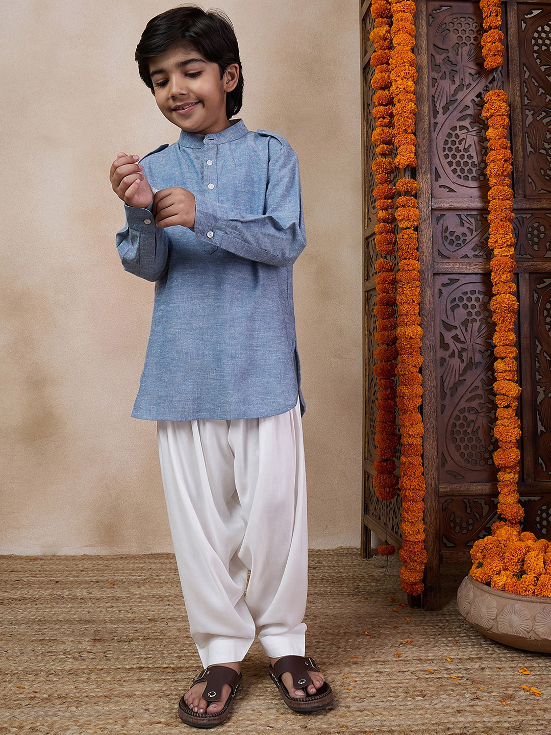 

pspeaches Boys Mandarin Collar Regular Pathani Kurta with Pyjamas, Grey
