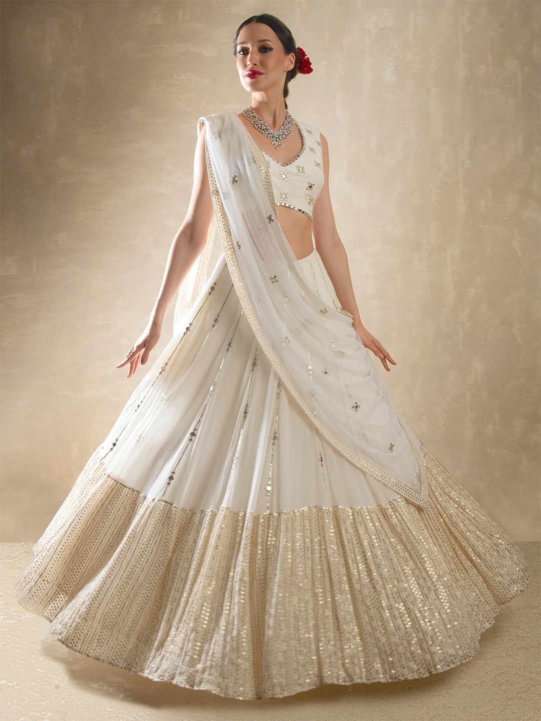 

Renee Label Embroidered Mirror Work Ready to Wear Lehenga & Blouse With Dupatta, White