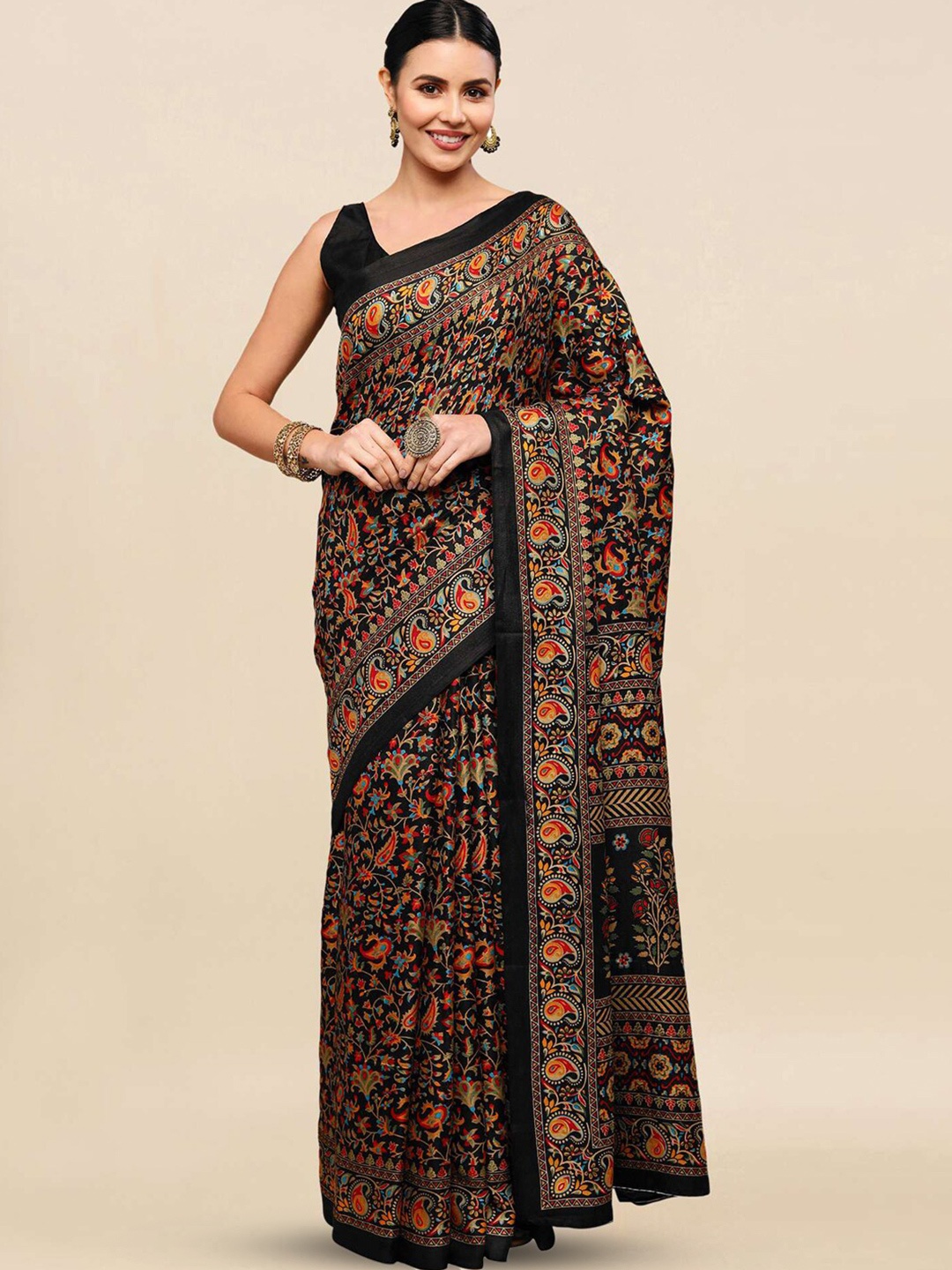 

Satrani Floral Silk Blend Saree, Black