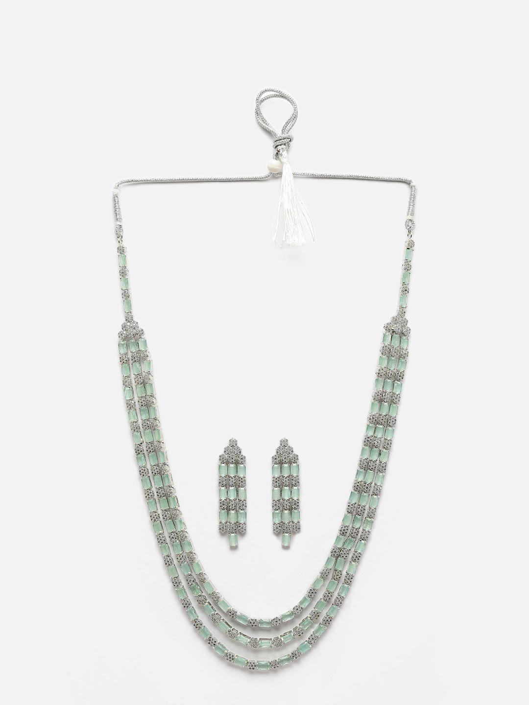 

Anouk Sea Green Rhodium-Plated AD-Studded Necklace & Earrings, Silver