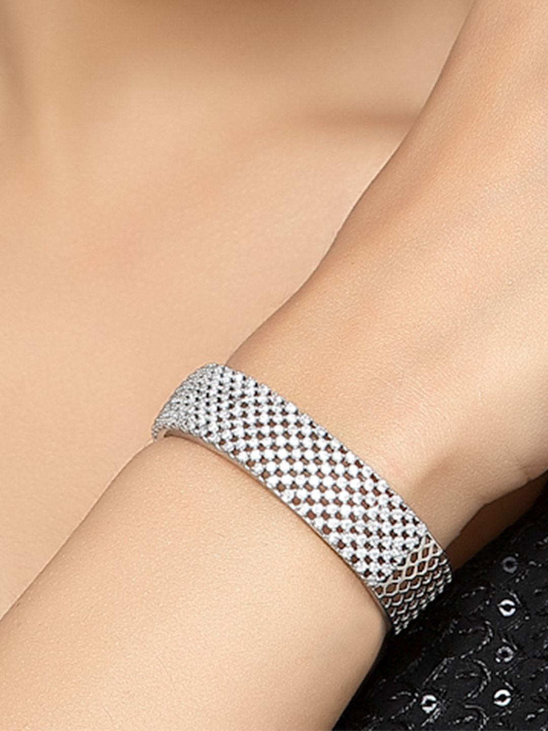 

Anouk White Rhodium-Plated American Diamond-Studded Brass Cuff Bracelet