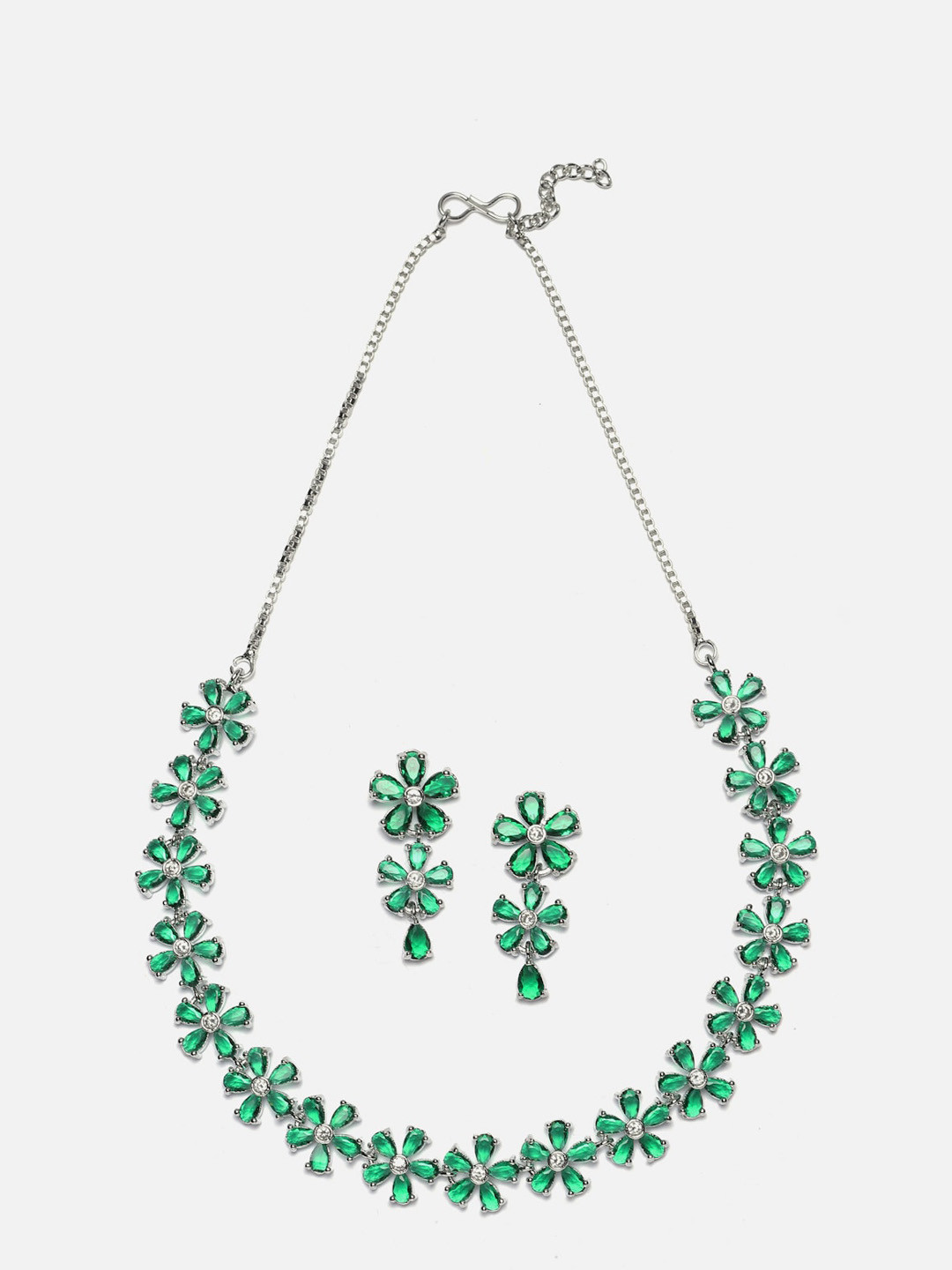 

Anouk Green Rhodium-Plated American Diamond-Studded Necklace & Earrings, Silver