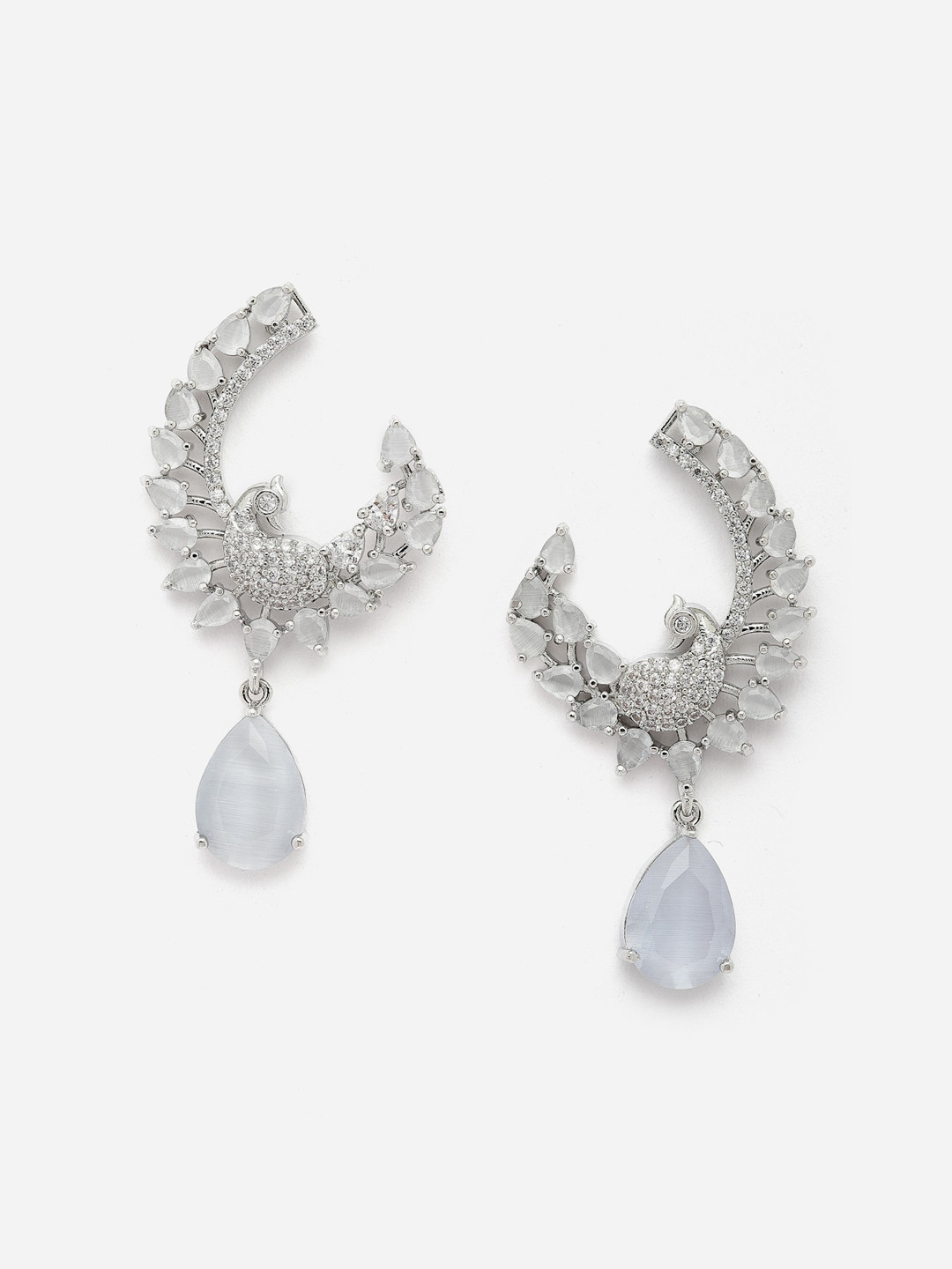 

Anouk Silver-Toned Rhodium-Plated American Diamond-Studded Peacock Shaped Drop Earrings