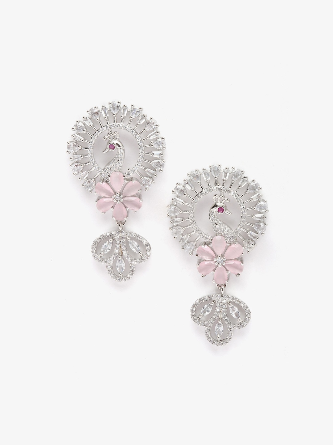 

Anouk Pink Rhodium-Plated AD Studded Peacock Shaped Drop Earrings, Silver