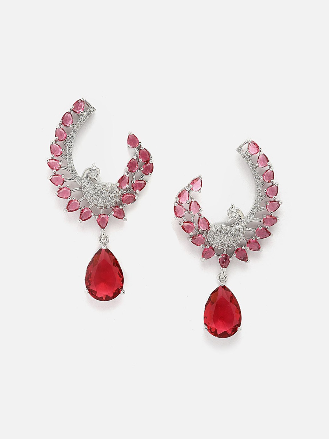 

Anouk Red Rhodium-Plated Feather Peacock Shaped Drop Earrings, Silver