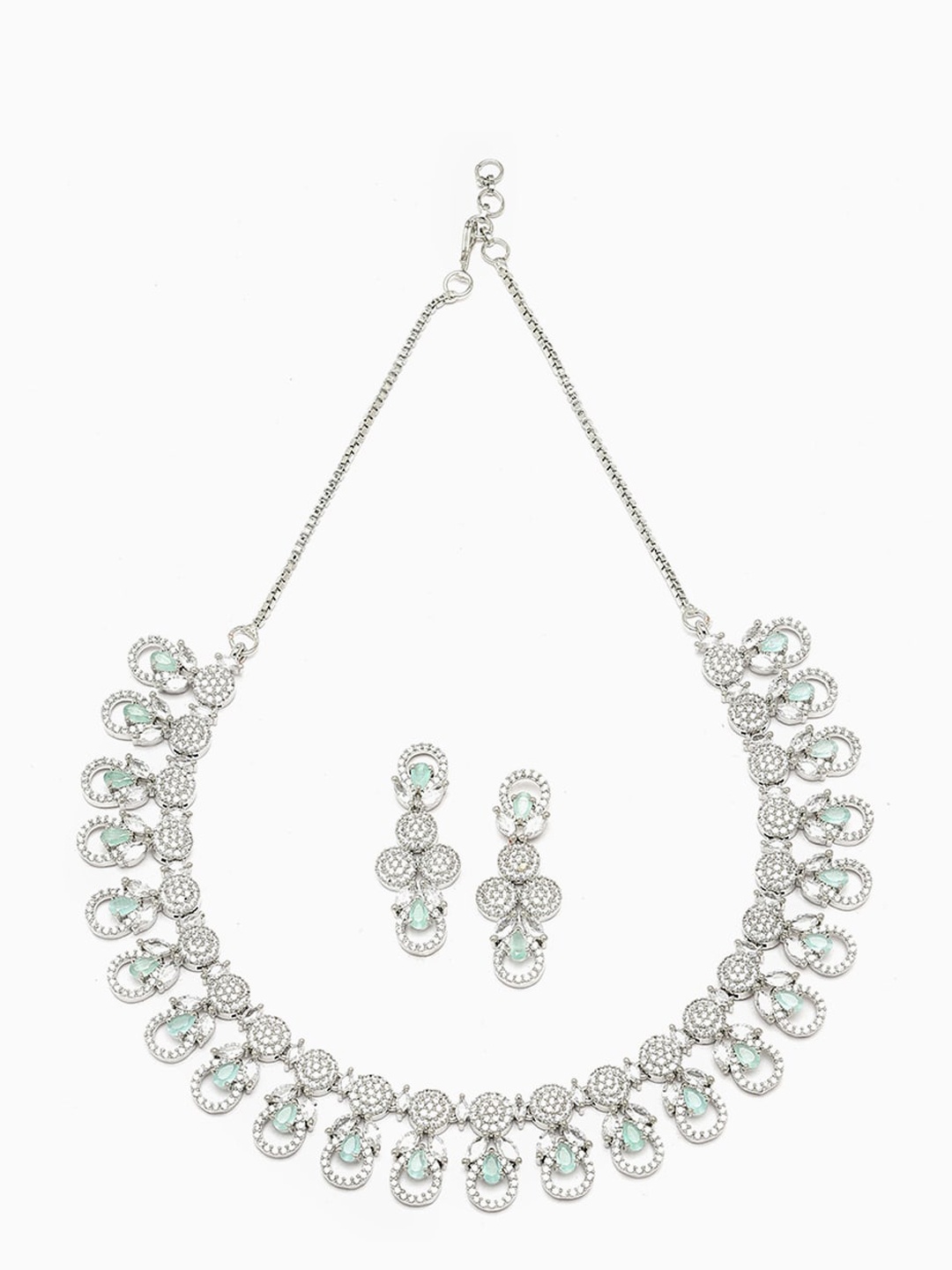 

Anouk Sea Green Rhodium-Plated AD-Studded Voguish Necklace & Earrings, Silver
