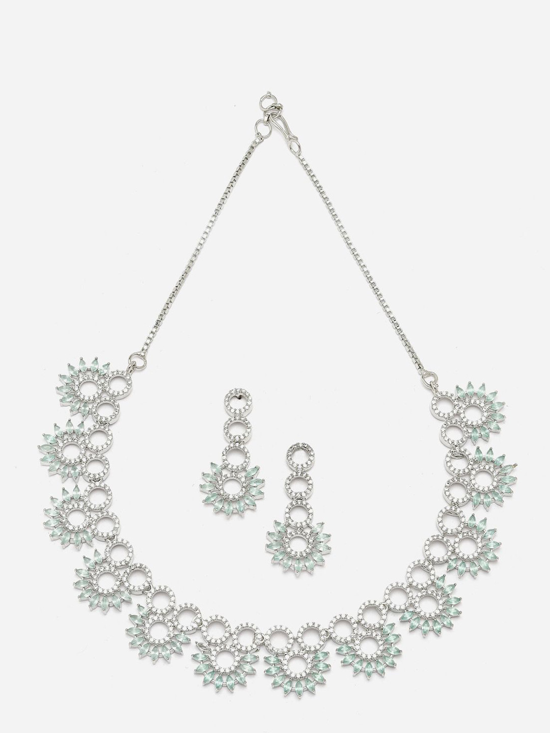 

Anouk Sea Green Rhodium-Plated AD Studded Necklace & Earrings, Silver