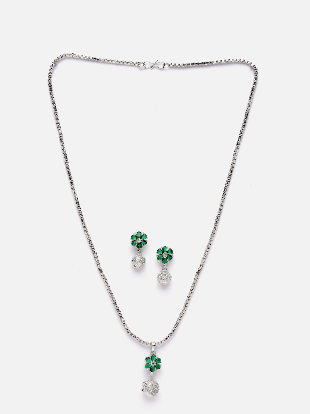 

Anouk Green Rhodium-Plated AD-Studded Floral Pendant & Earrings, Silver