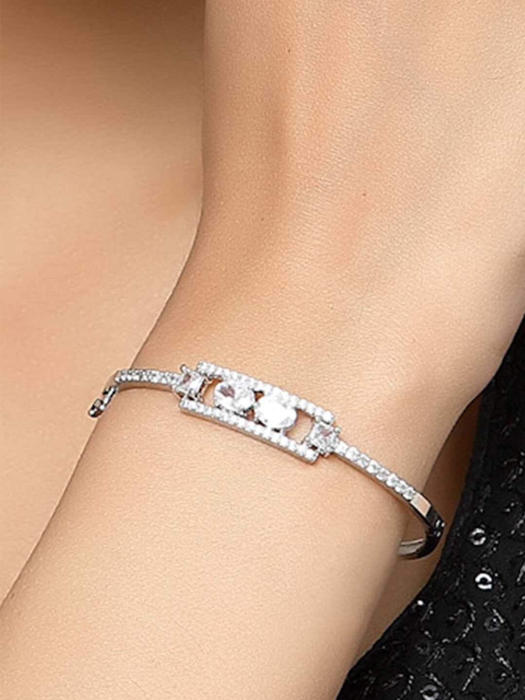 

DressBerry Women Brass American Diamond Handcrafted Rhodium-Plated Kada Bracelet, Silver
