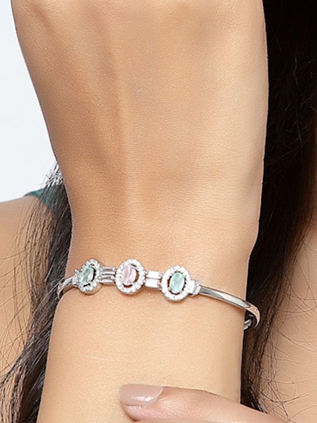 

DressBerry Silver-Toned Rhodium-Plated American Diamond Studded Kada Bracelet