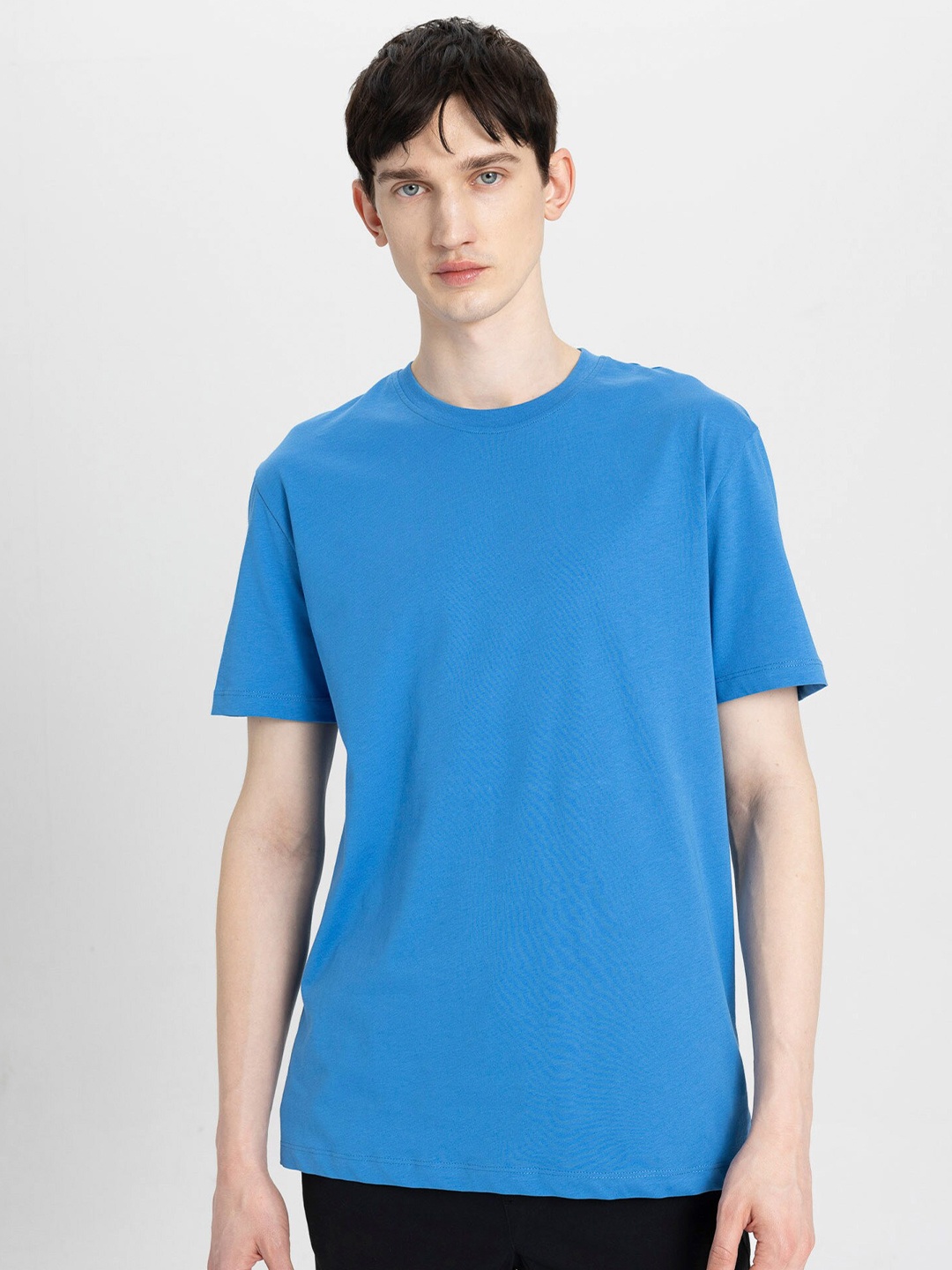 

DeFacto Round Neck Drop Shoulder Sleeves Pure Cotton T-shirt, Blue