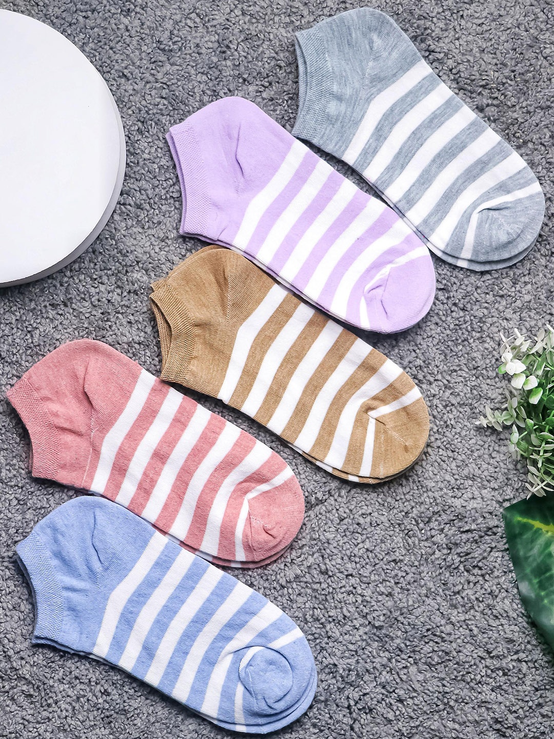 

Brauch Women Pack Of 5 Striped Cotton Ankle-Length Socks, Pink