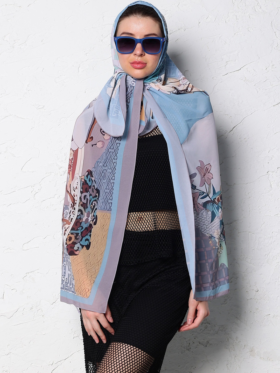 

Athena Floral Printed Scarf, Blue