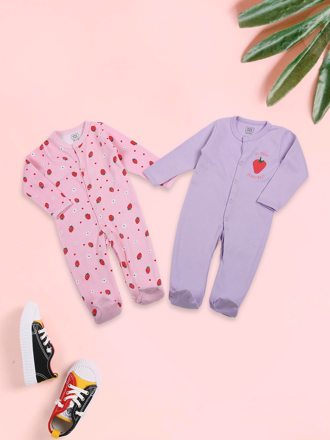 

MeeMee Infants Pack Of 2 Printed Rompers, Lavender