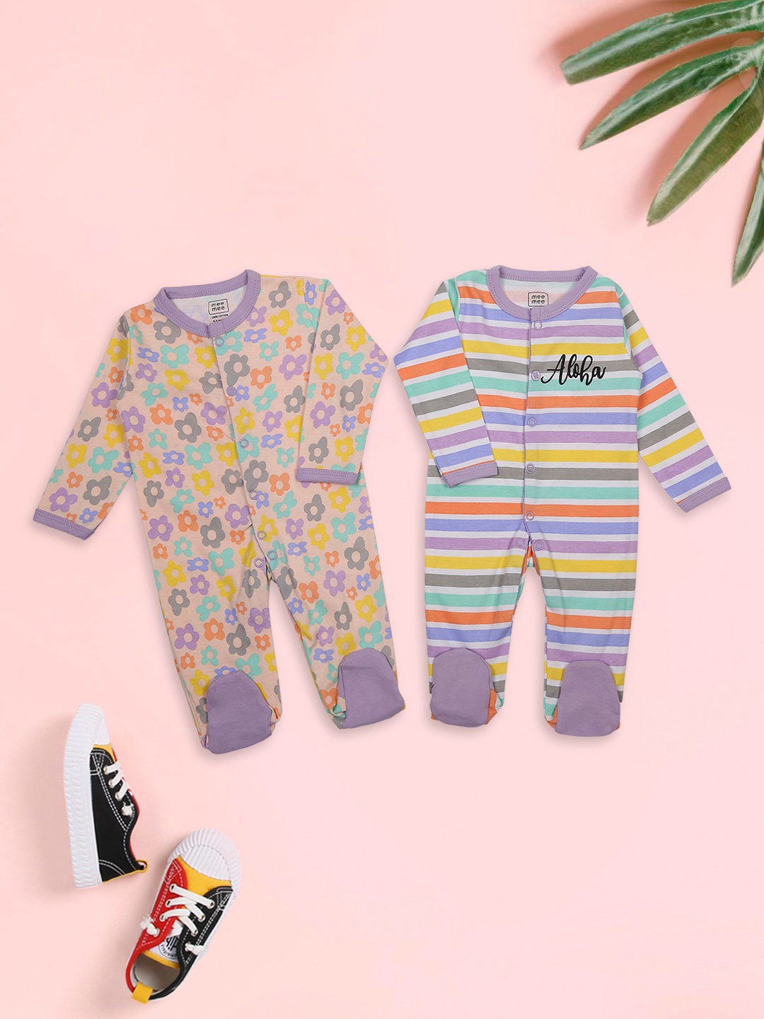 MeeMee Kids Pack of 2 Printed Cotton Sleepsuits, Purple