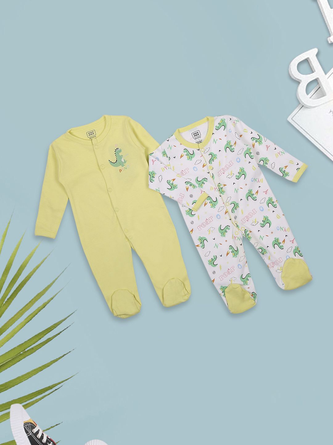 

MeeMee Kids Pack of 2 Printed Cotton Sleepsuits, Lime green
