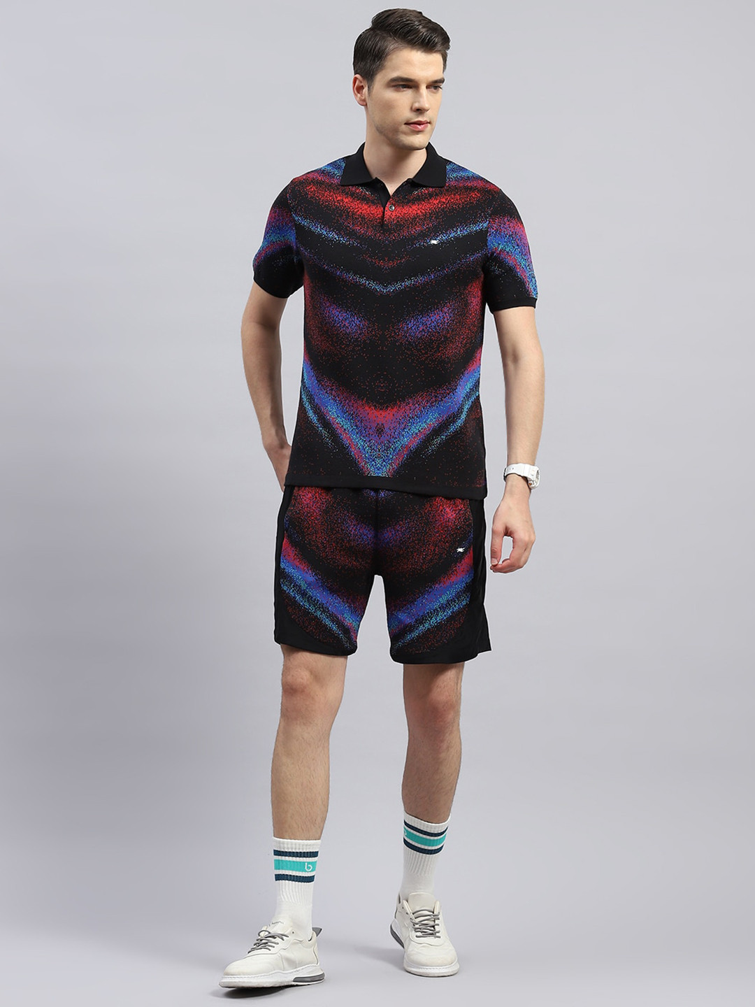 

Monte Carlo Printed Pure Cotton Polo Collar Neck T-Shirt & Flared Shorts Co-Ords, Black