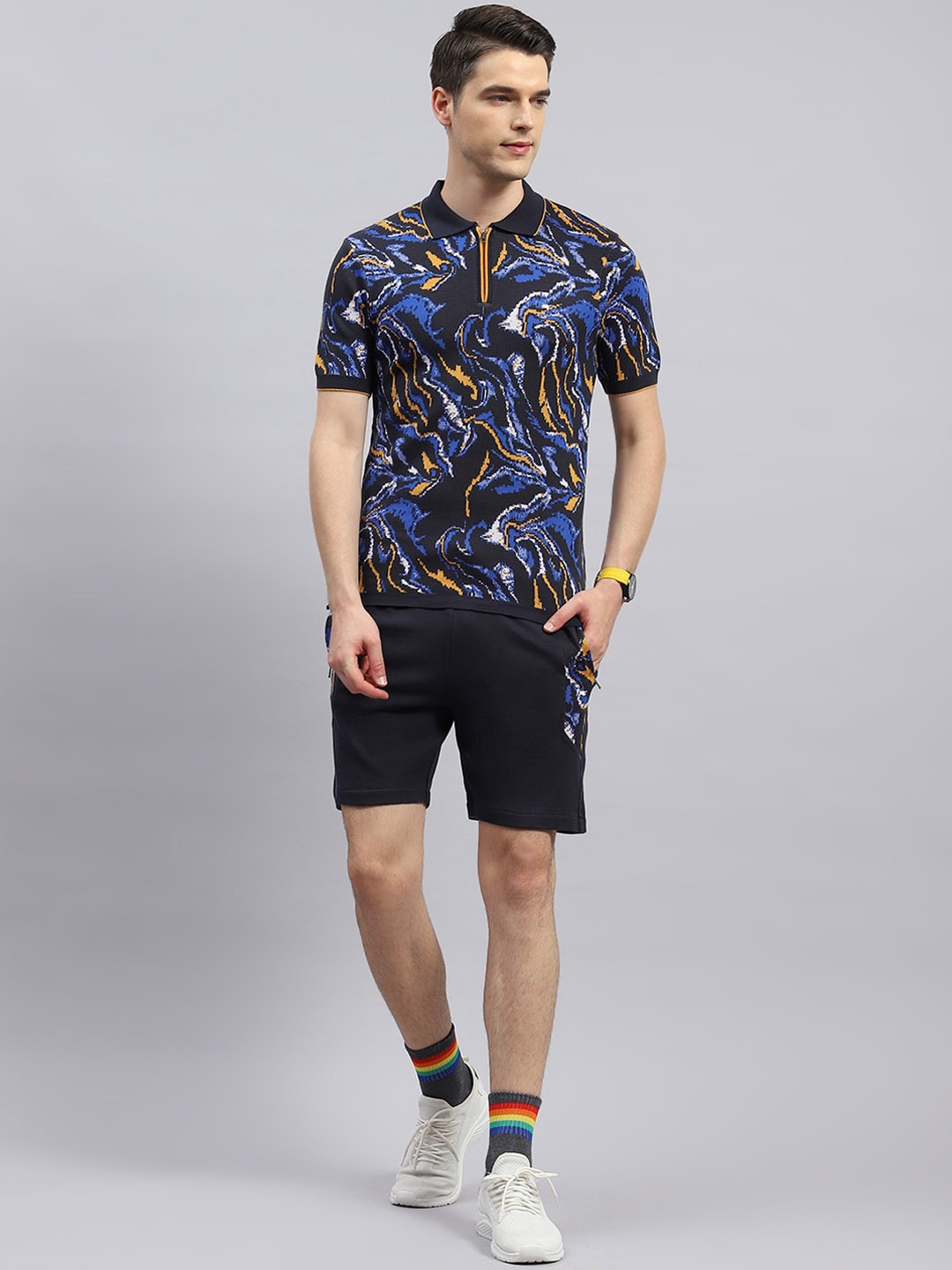 

Monte Carlo Printed Pure-Cotton T-Shirt & Shorts Co-Ords, Navy blue