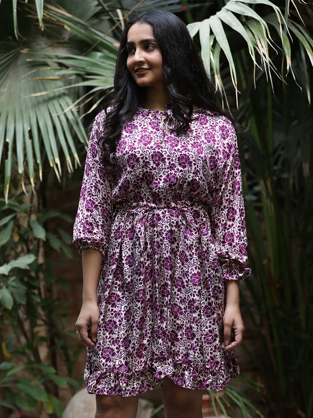 

Exotic India Purple Assorted Vintage Pure Silk Vaccay Dress