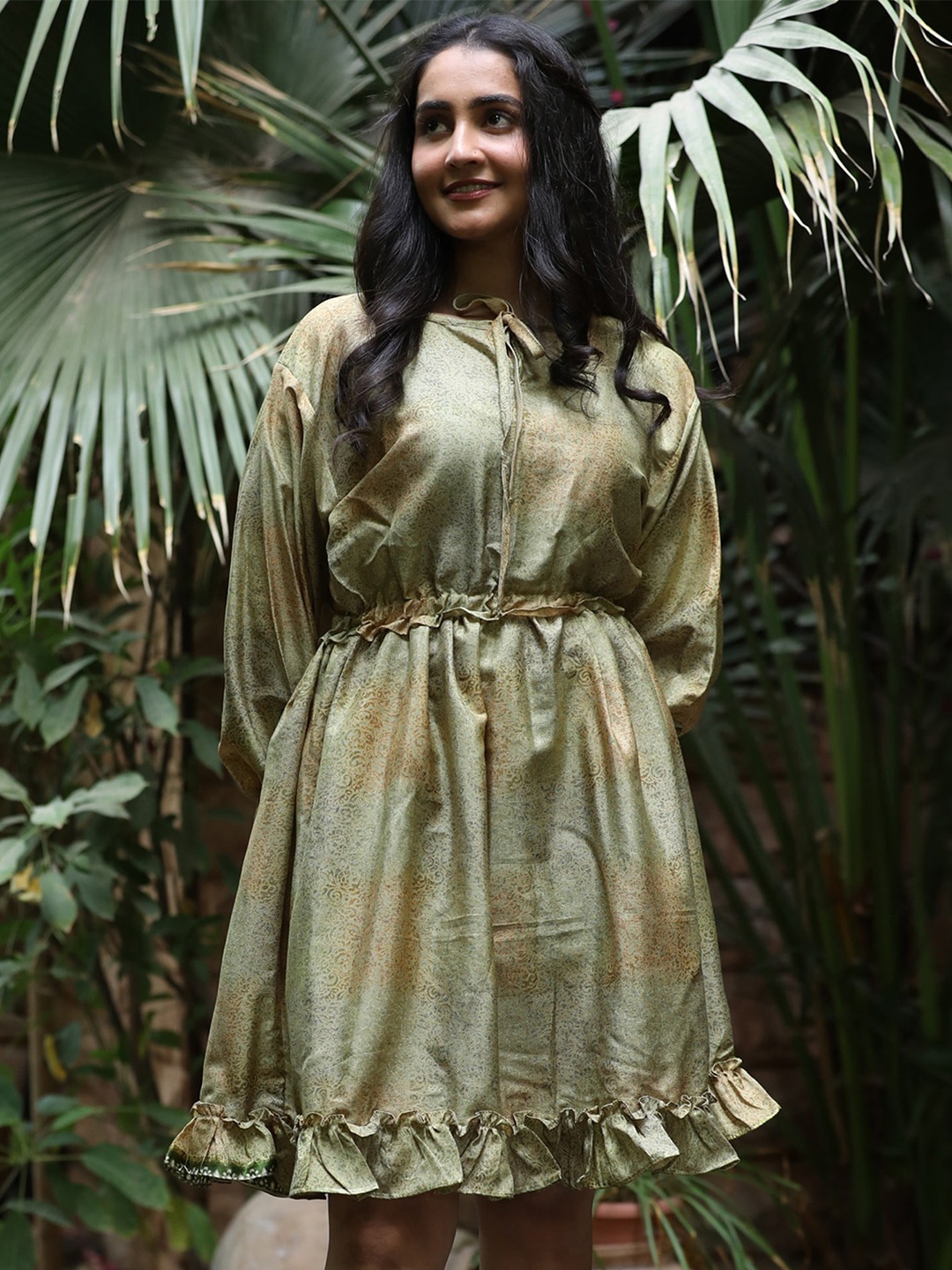 

Exotic India Tie-Up Neck Vintage Pure Silk Vaccay Fit & Flare Dress, Grey