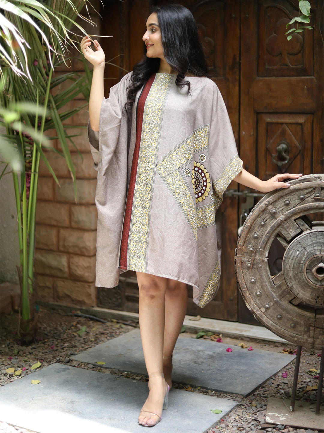 

Exotic India Ethnic Motifs Printed Round Neck Kaftan Dress, Rose