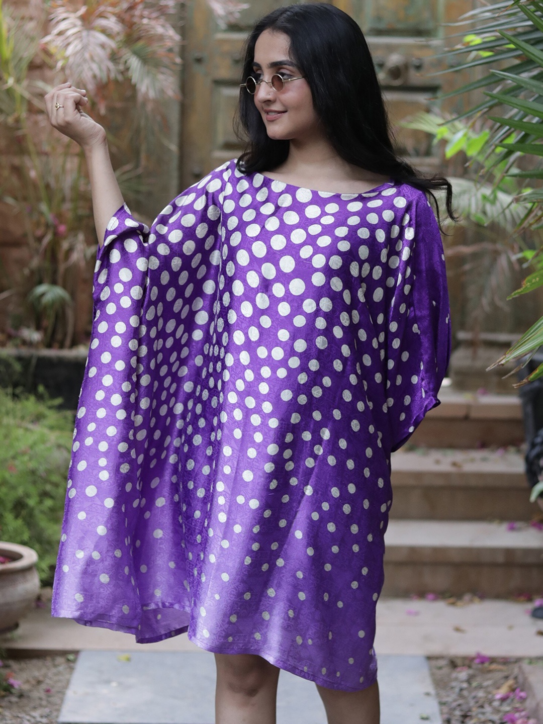 

Exotic India Purple Assorted Vintage Pure Silk Box Dress