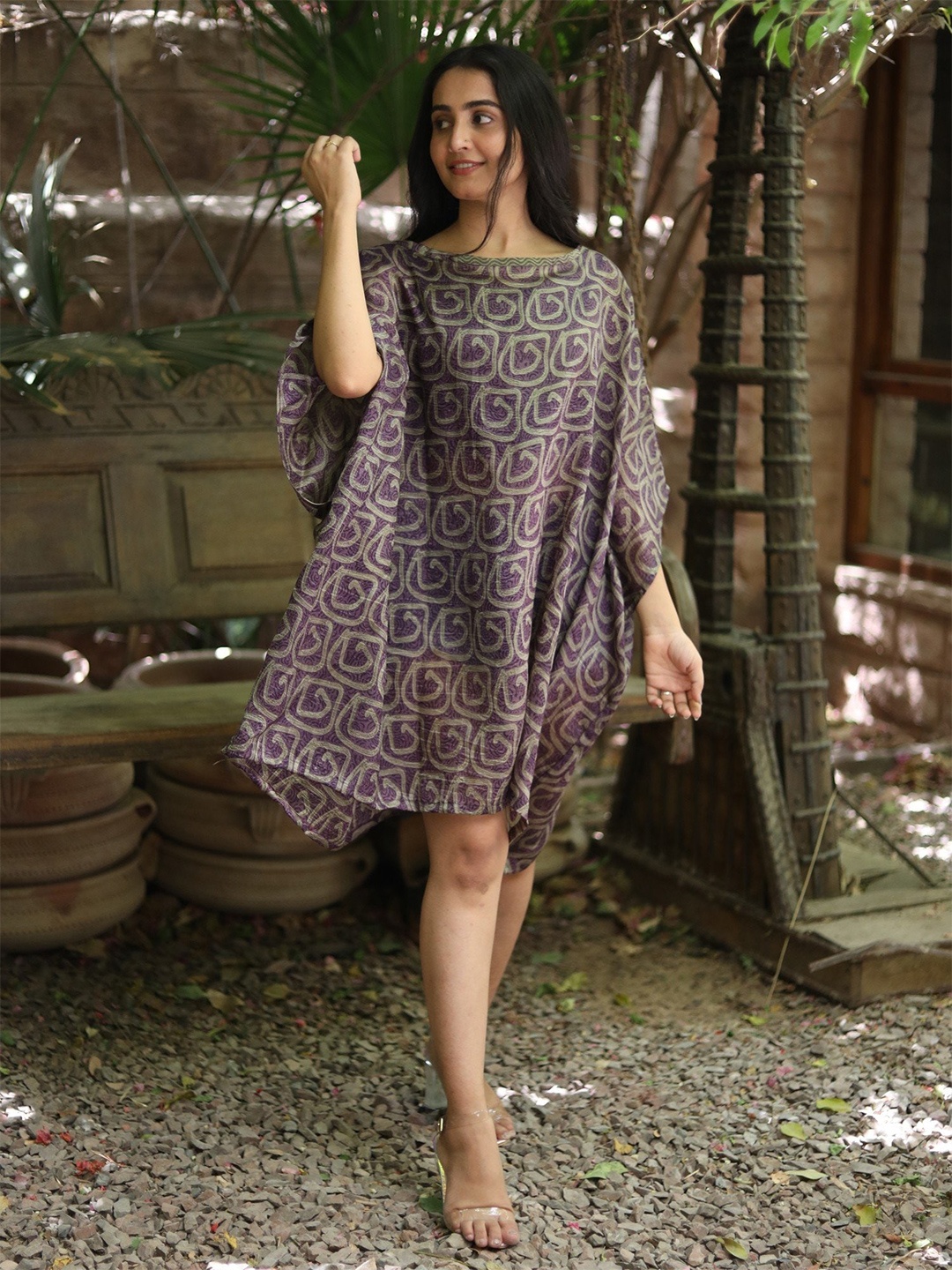 

Exotic India Animal Printed Boat Neck Kimono Sleeves Pure Silk Kaftan Dress, Purple