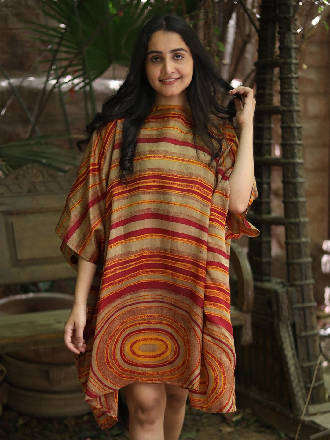 

Exotic India Rust Assorted Vintage Pure Silk Box Dress