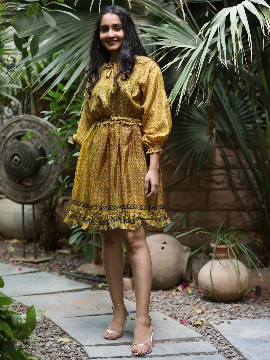

Exotic India Mustard Assorted Vintage Pure Silk Vaccay Dress