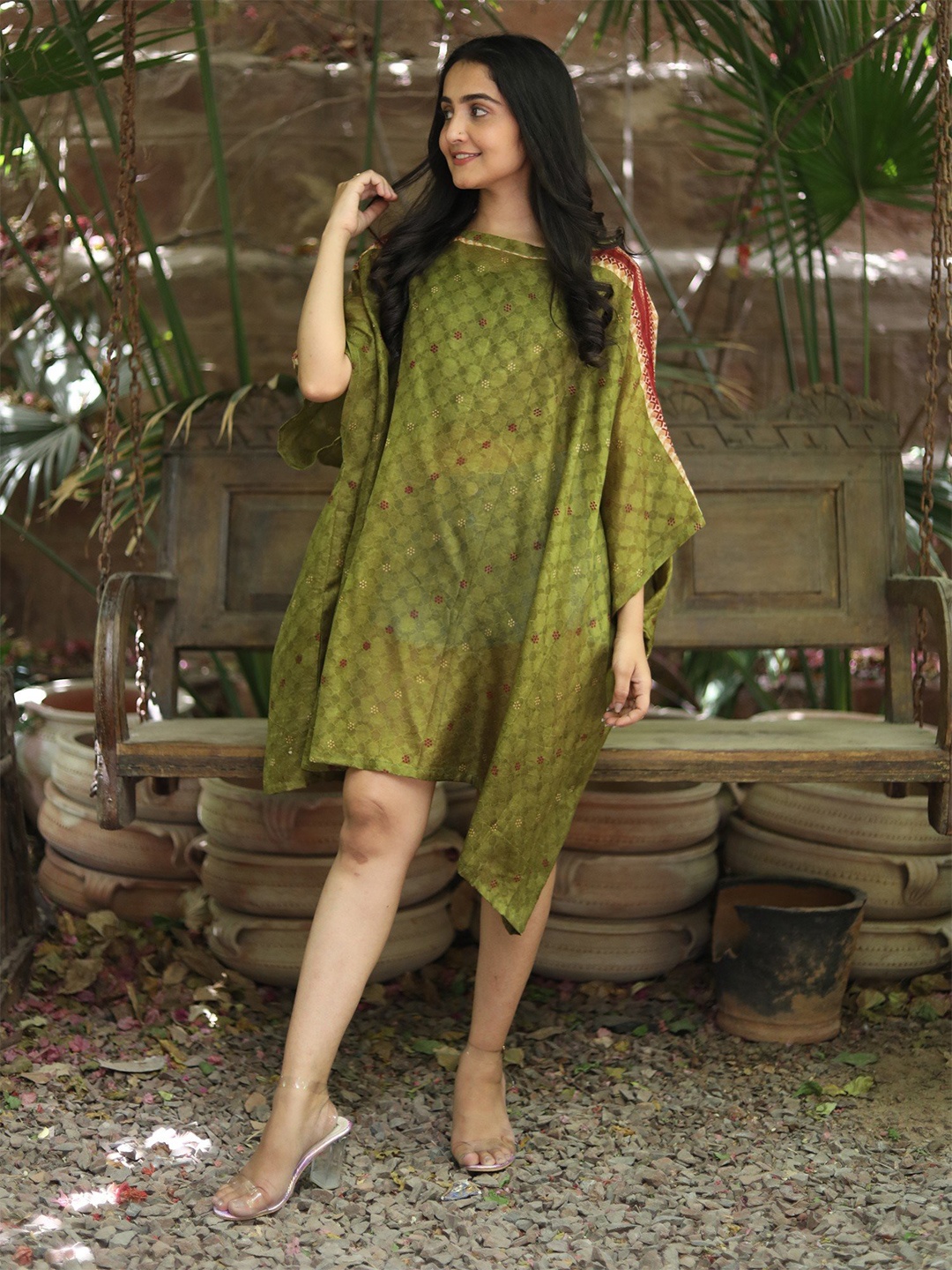 

Exotic India Assorted Vintage Pure Silk Minced Herb Box Dress, Green