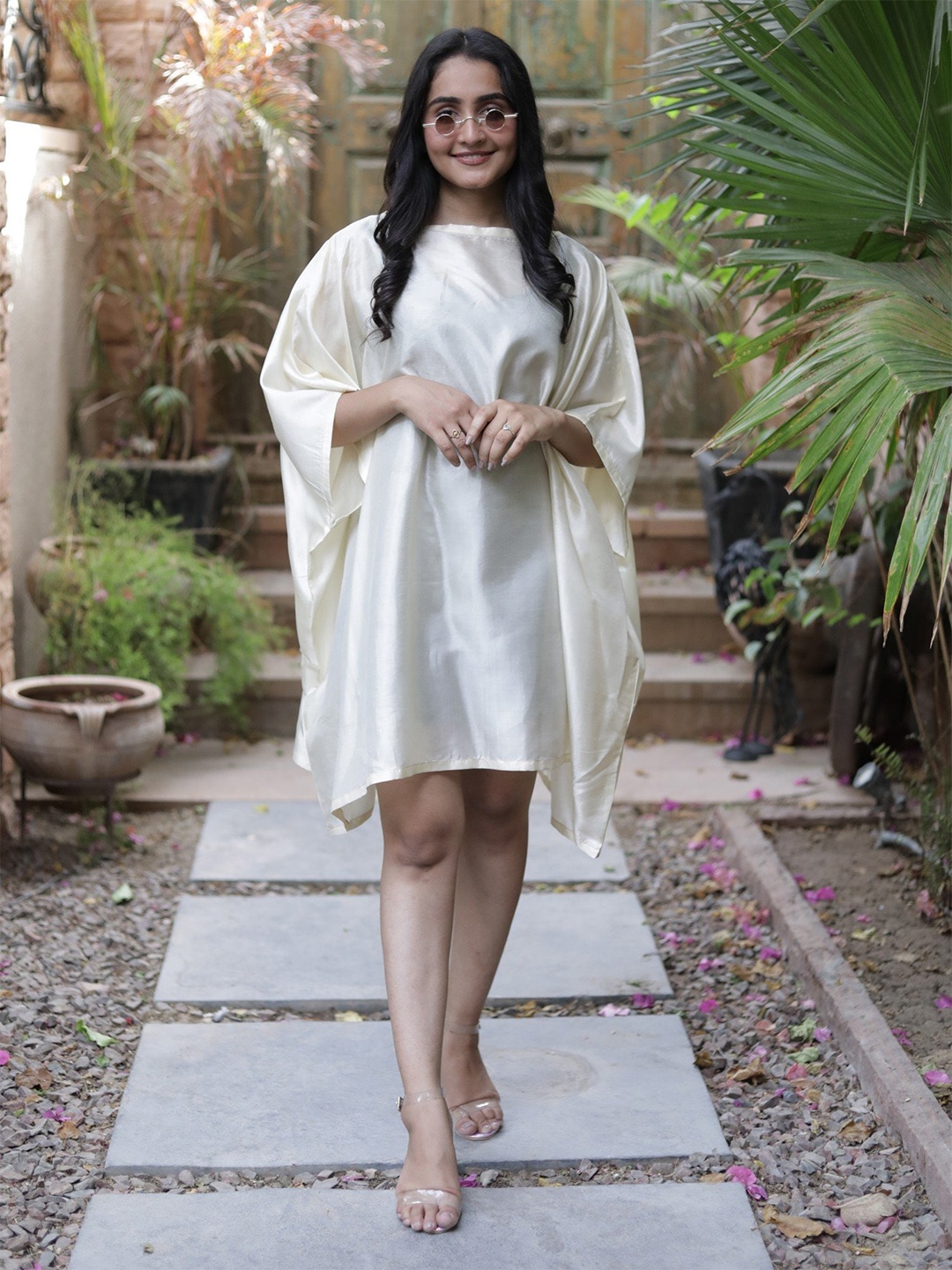 

Exotic India Boat Neck Pure Silk Kimono Sleeves Kaftan Dress, White