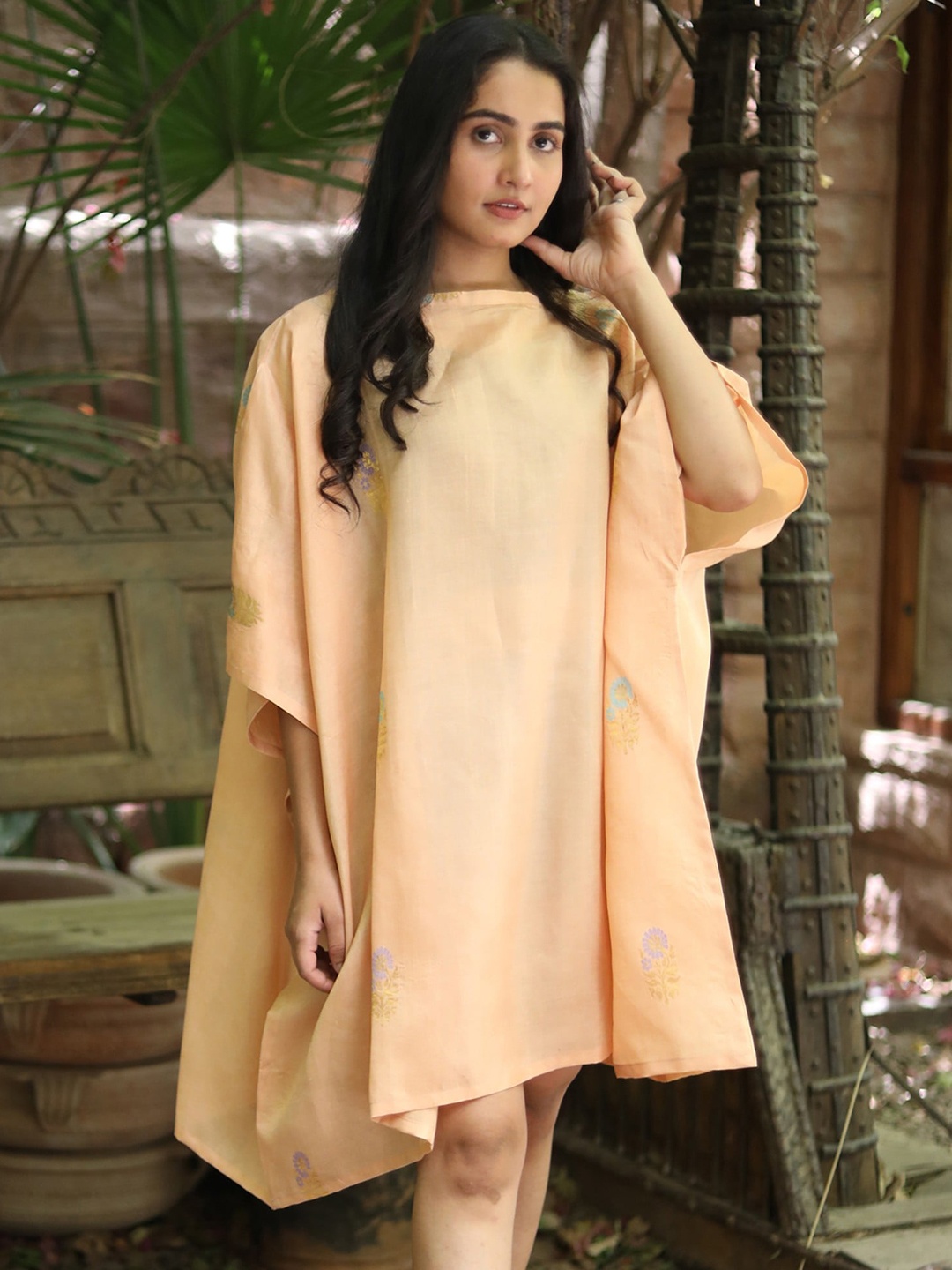 

Exotic India Floral Printed Cowl Neck Kimono Sleeves Silk Dress, Peach