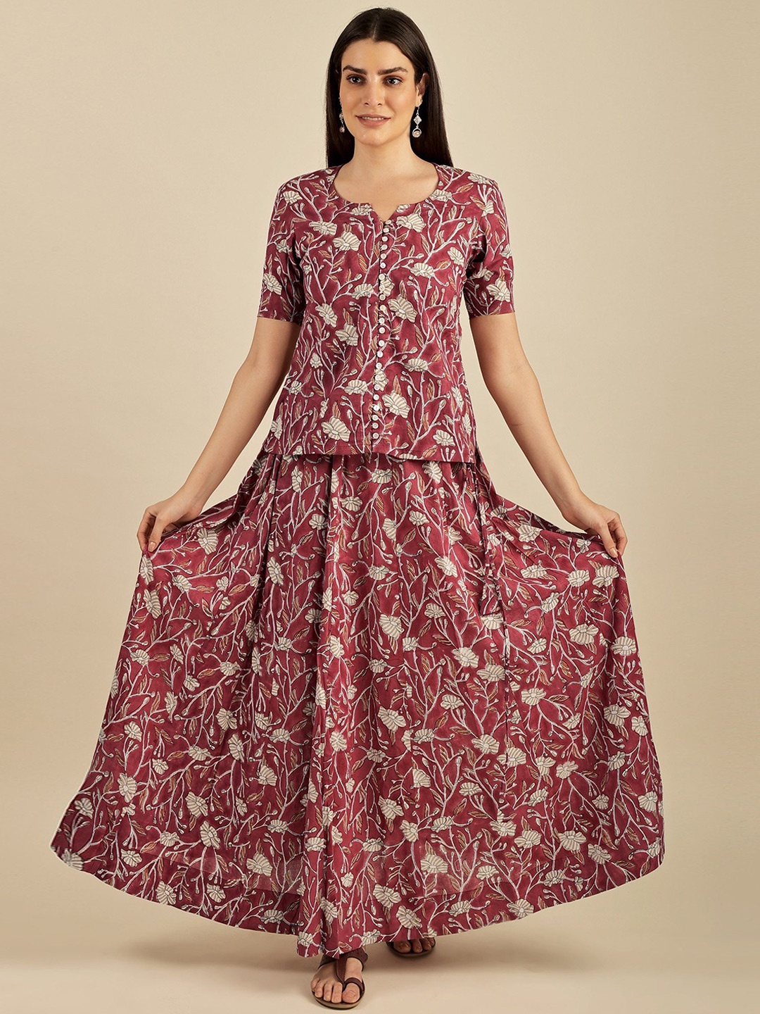 

Exotic India Floral Print Round Neck Cotton Maxi Dress, Red