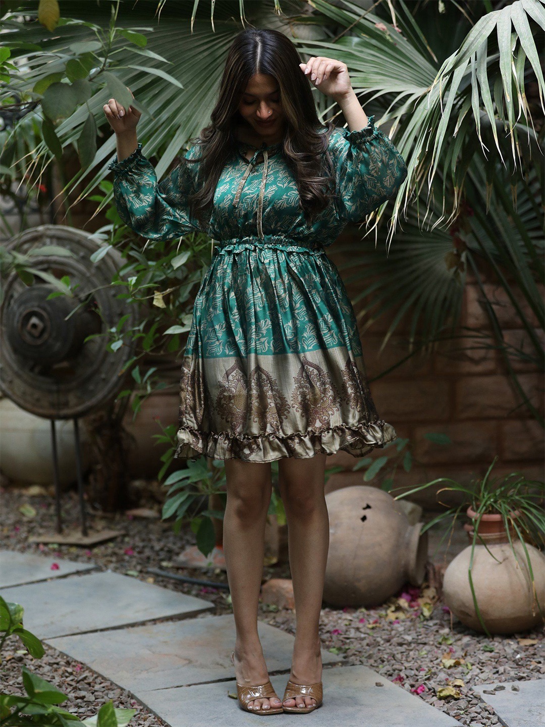 

Exotic India Floral Printed Pure Silk Vintage Vaccay Blouson Dress, Teal