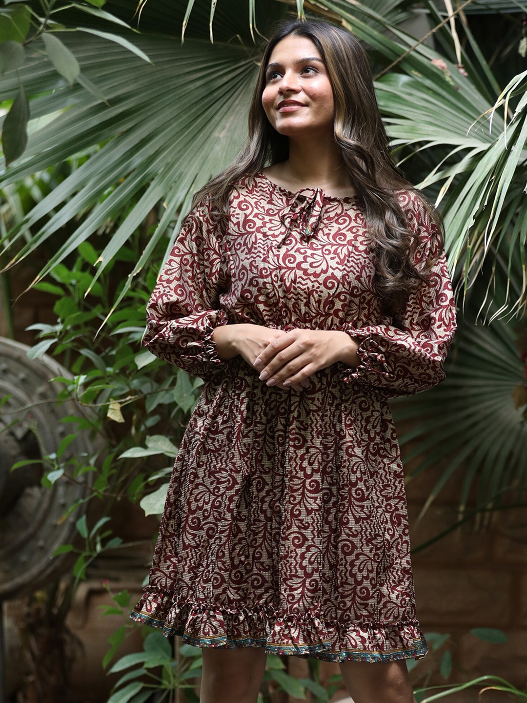 

Exotic India Printed Pure Silk Tie Up Neck Vintage Vaccay Fit & Flare Dress, Brown