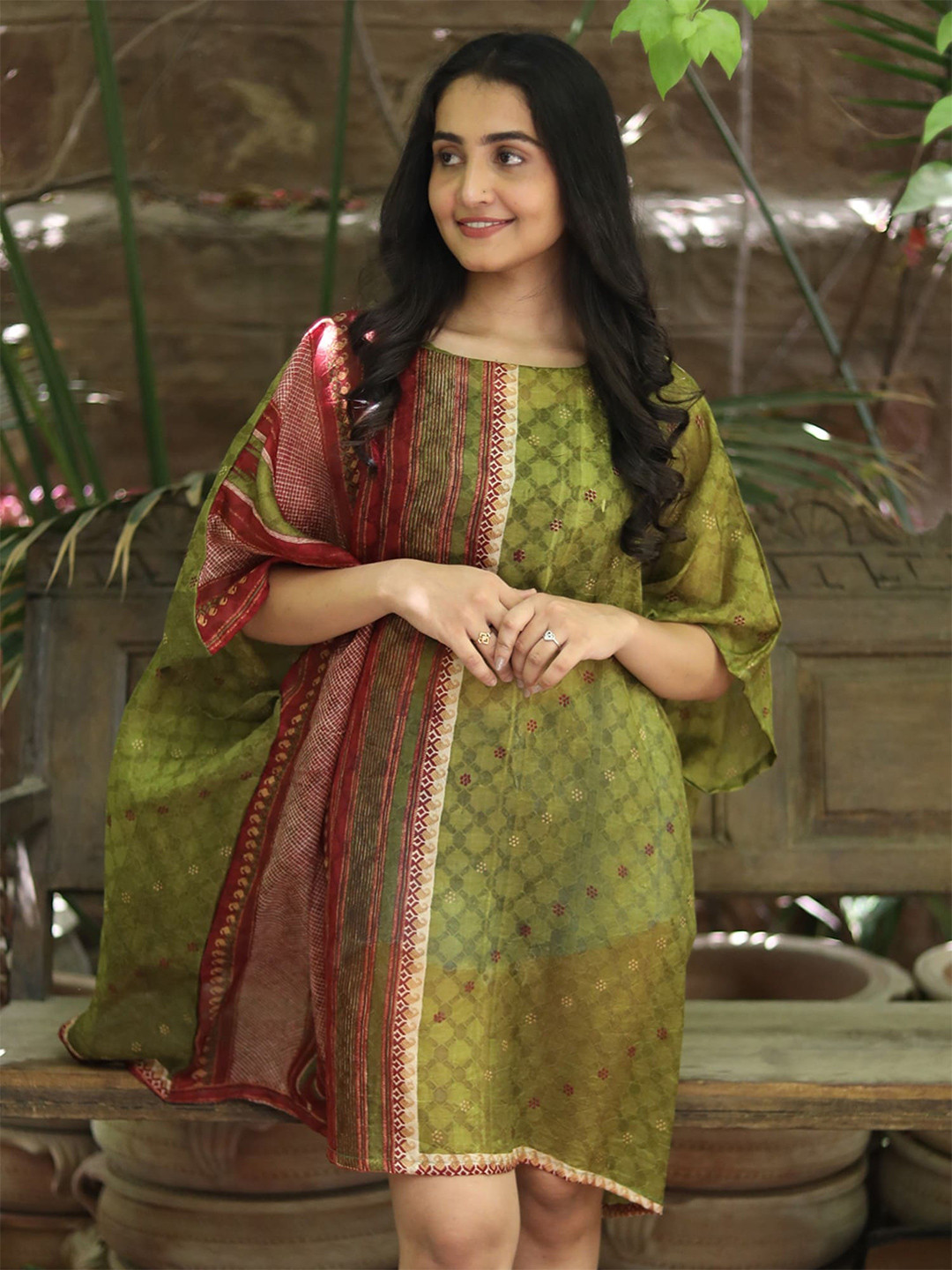 

Exotic India Floral Printed Cowl Neck Kimono Sleeves Vintage Pure Silk Kaftan Dress, Green