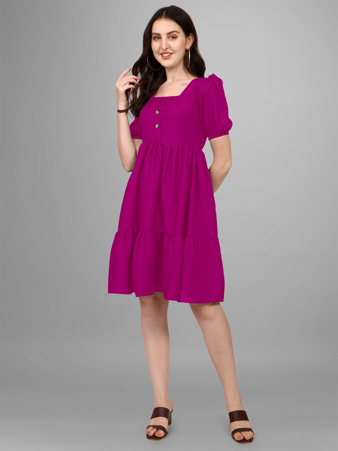 

Femvy Puff Sleeves Square Neck A-Line Midi Dress, Magenta