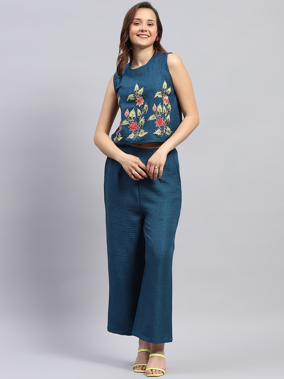 

Monte Carlo Floral Embroidered Linen Sleeveless Top & Trousers Co-Ords, Teal