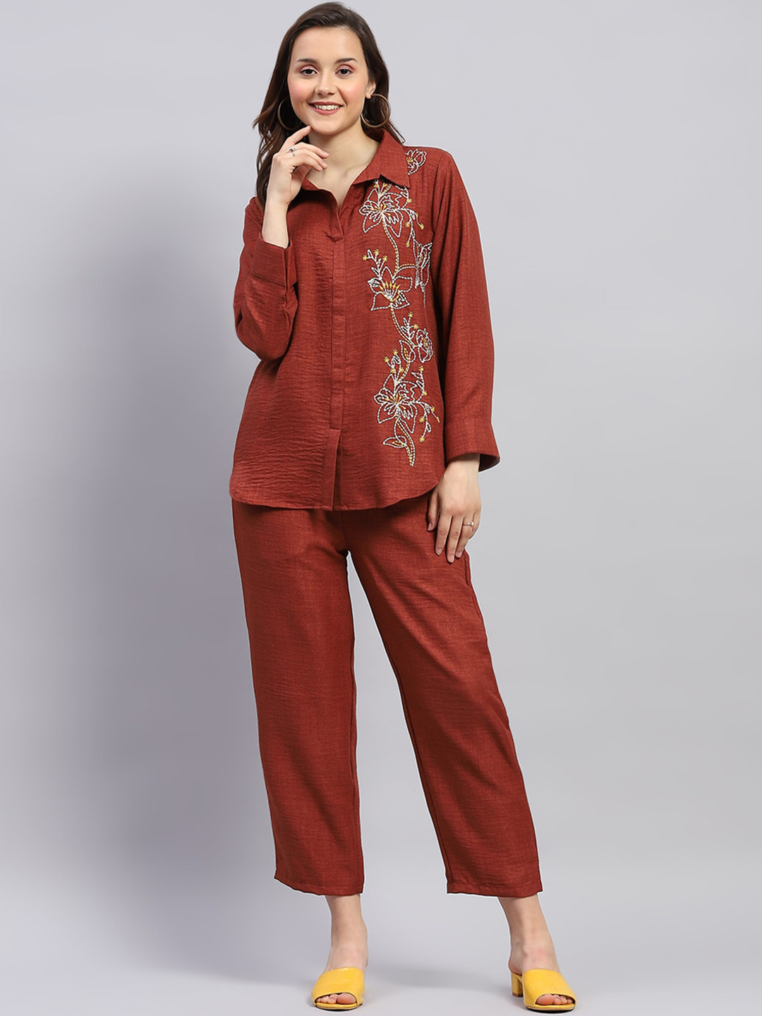 

Monte Carlo Floral Embroidered Linen Shirt & Trousers, Rust