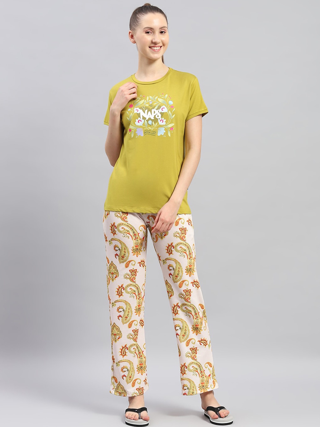 

Monte Carlo Printed Round Neck Half Sleeve T-Shirt With Trousers Co-Ords, Mustard