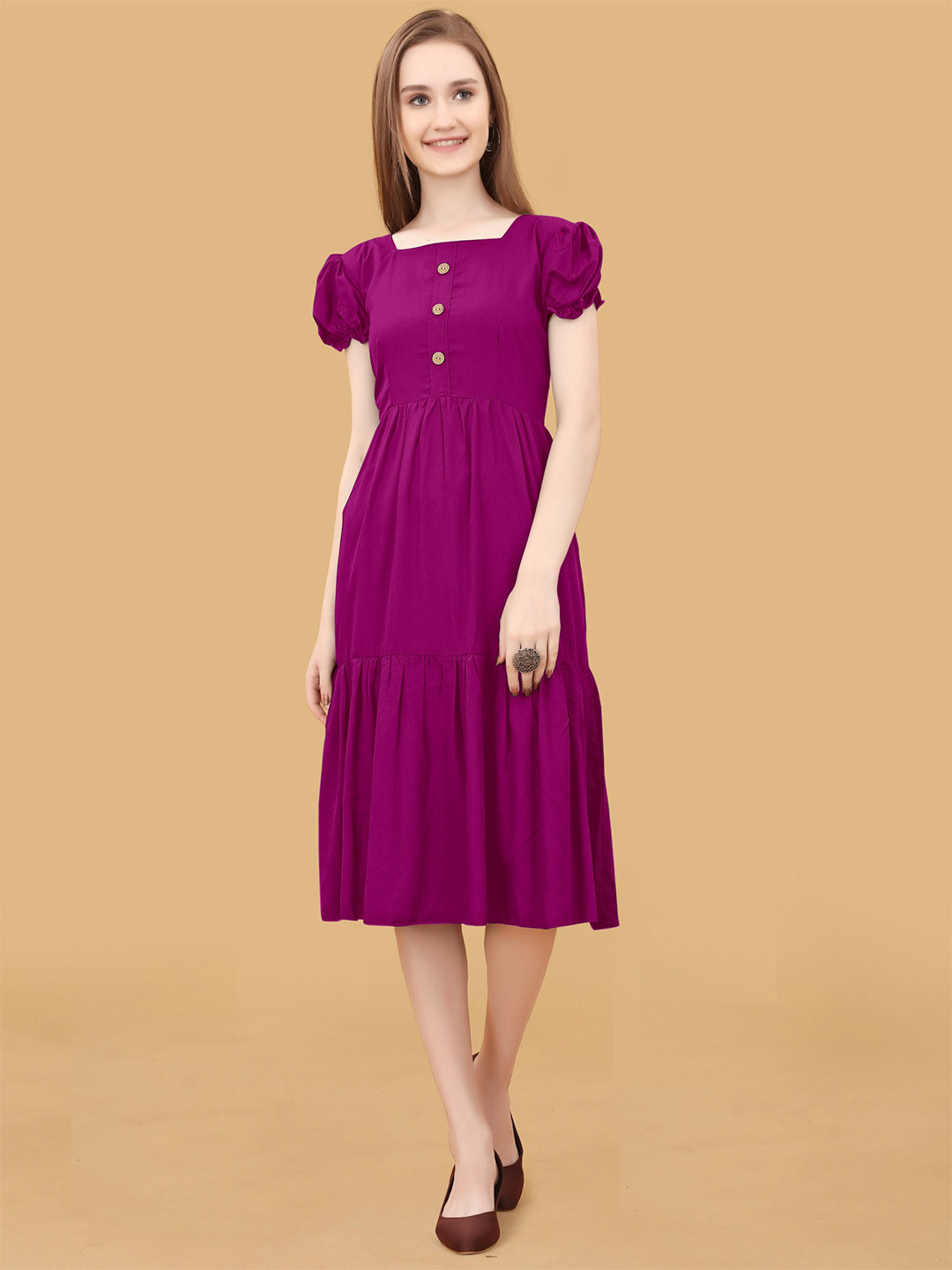

Femvy Puff Sleeves Fit & Flare Square Neck Midi Dress, Magenta
