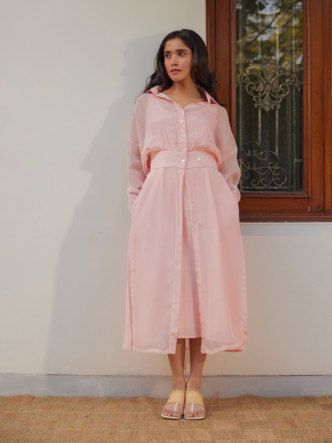 

Kapraaha Cotton Fit And Flare Maxi Jacket With Muslin Dress, Pink