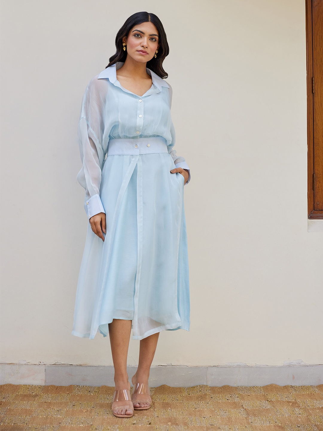 

Kapraaha Shirt Collar Cuffed Sleeves Semi Sheer Cotton A-Line Midi Dress, Blue