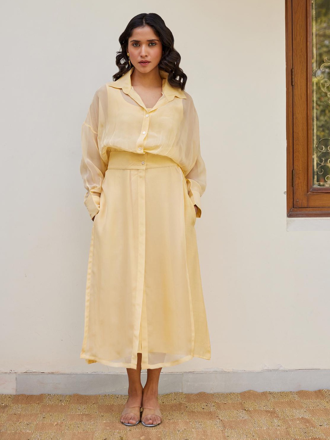 

Kapraaha Shirt Collar Cuffed Sleeves Semi Sheer Cotton A-Line Maxi Dress, Yellow