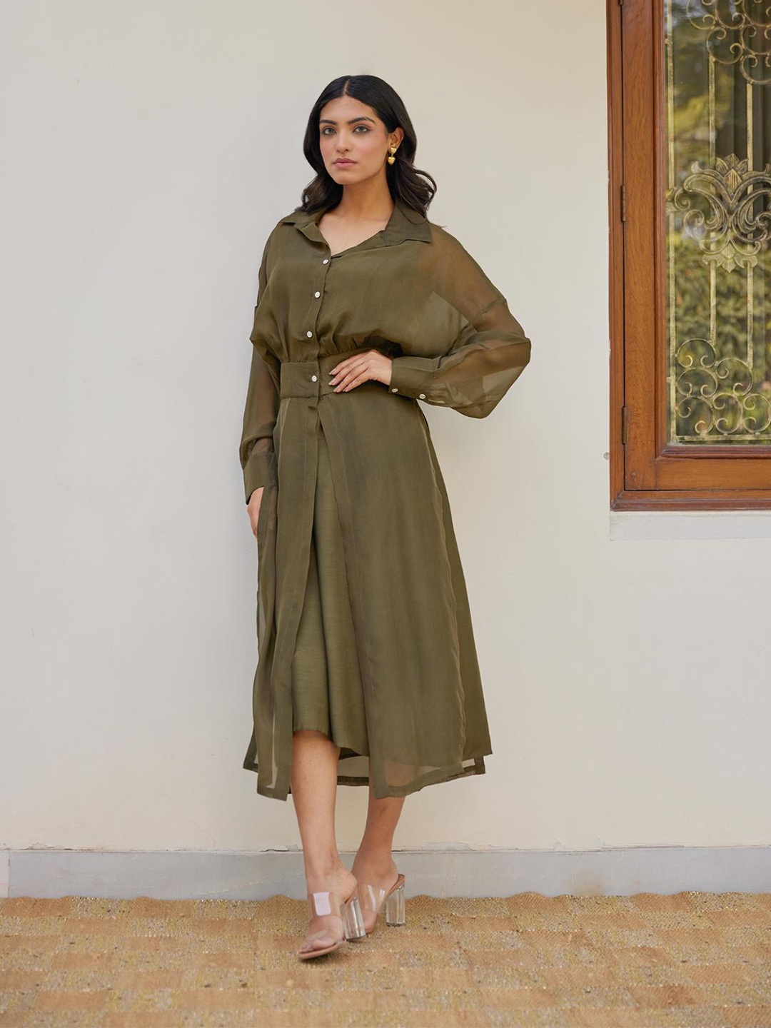 

Kapraaha Shirt Collar Dolman sleeves Fit and Flare Midi Dress, Olive