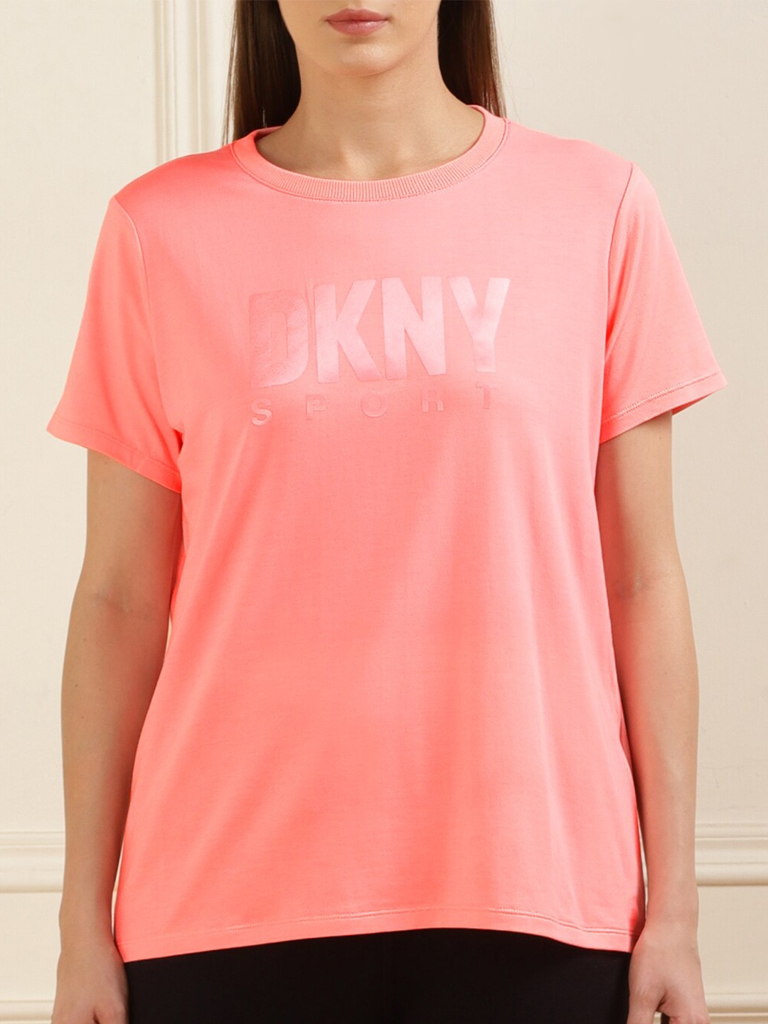 

DKNY Typography Printed Round Neck Cotton T-shirt, Peach